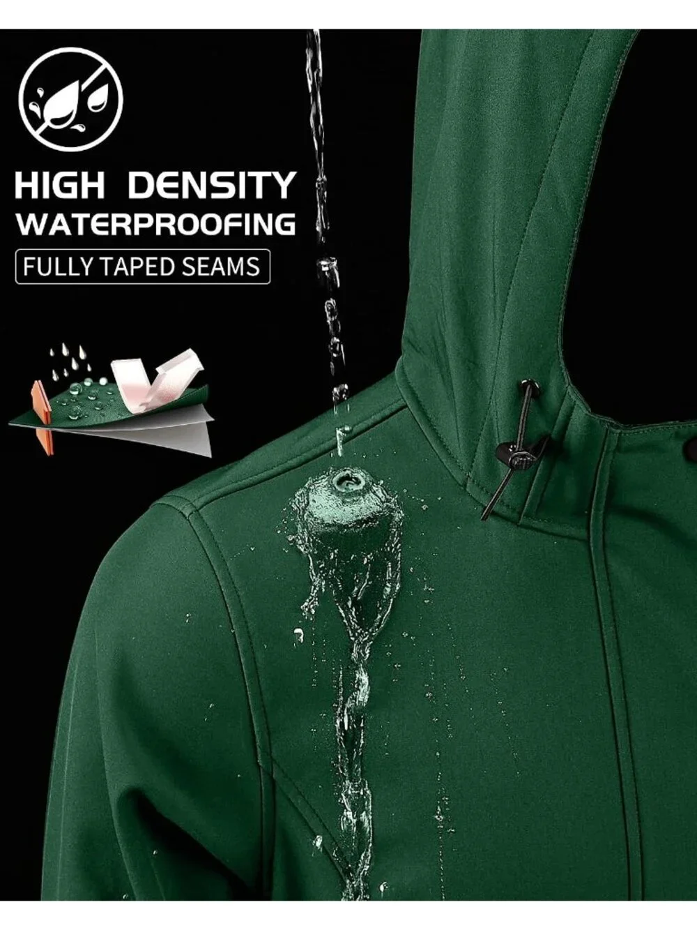 Women's Dark Green Hooded Fleece Lined Waterproof Hiking Softshell Rain Jacket